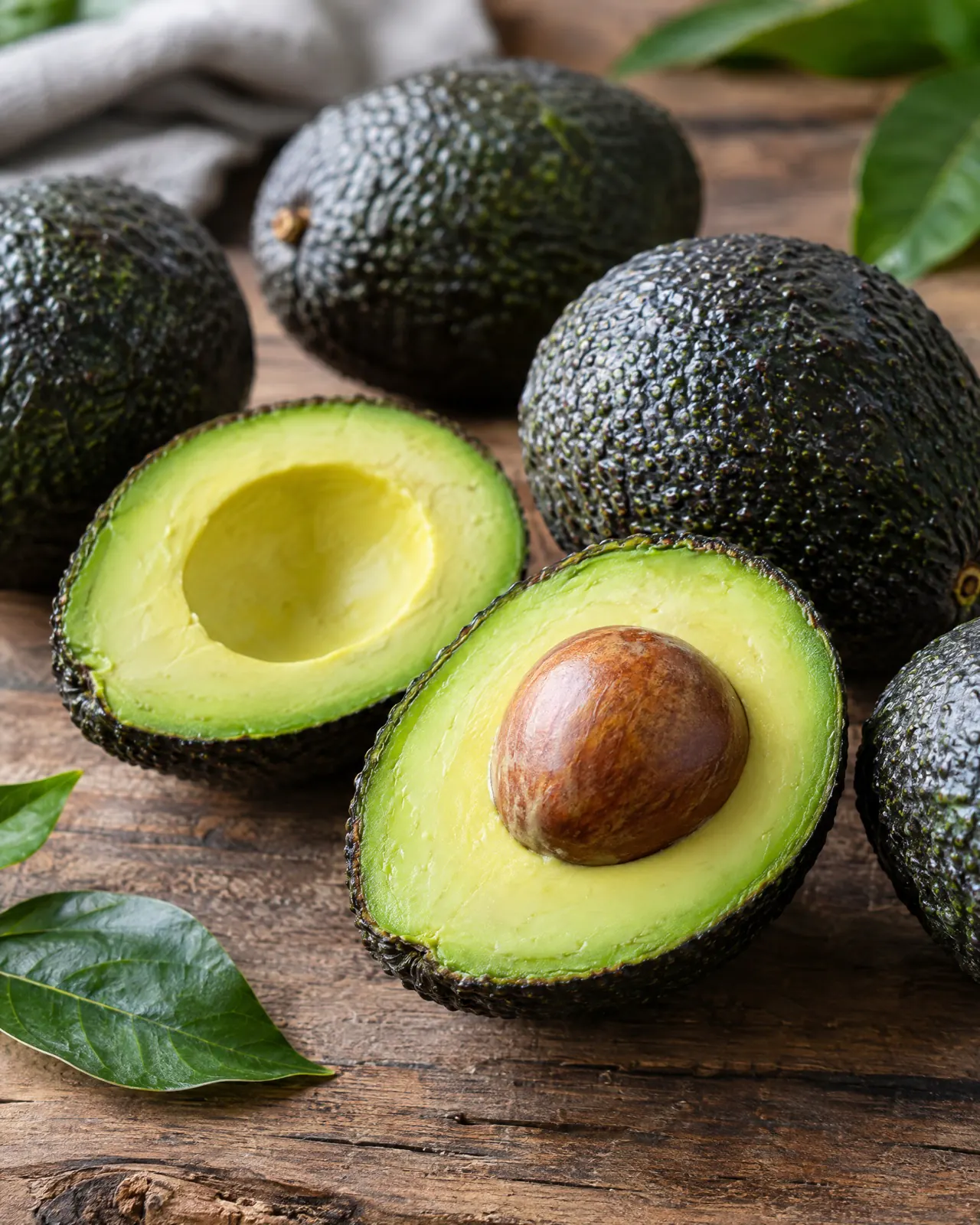 Fresh Tanzanian Hass avocados, whole and one halved showing the pit