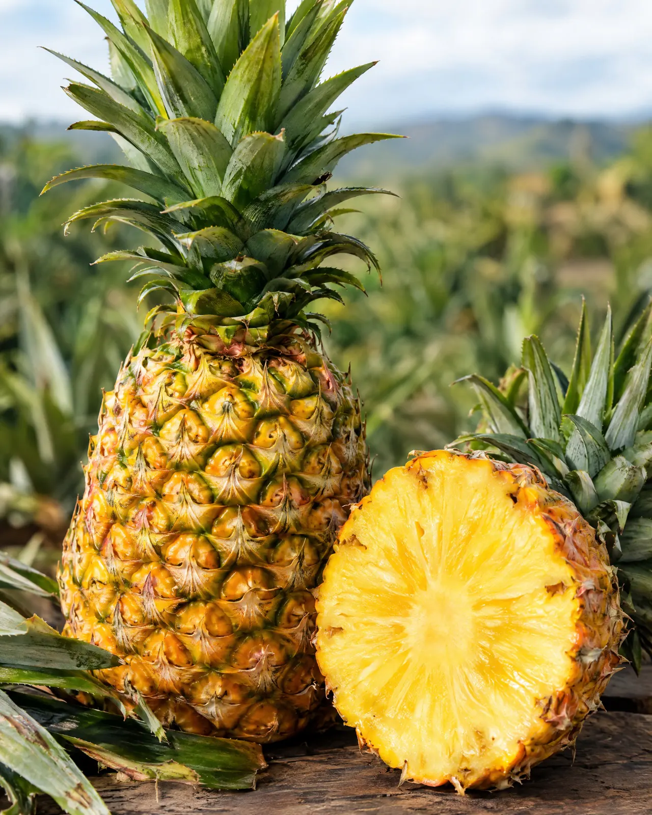 Fresh ripe Tanzanian pineapples with green crowns