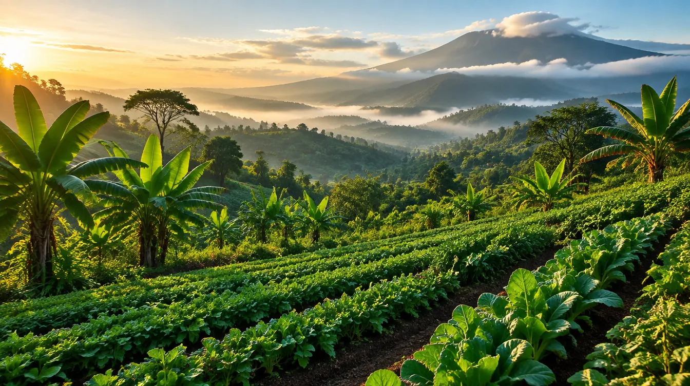 Lush green Tanzanian highland farmland bordered by tropical forest