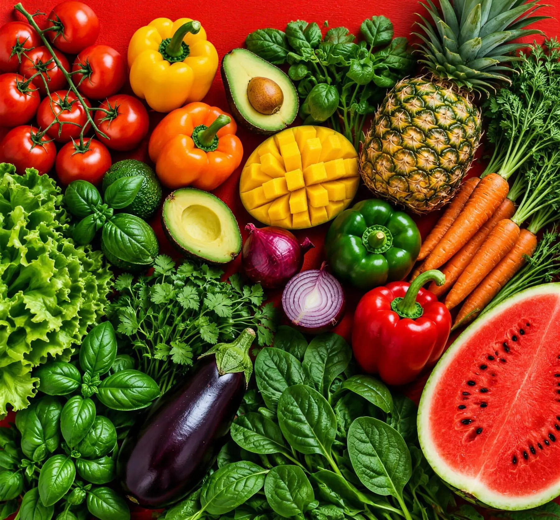 Tomatoes, bell peppers, avocados, mango, pineapple, carrots, red onions, greens and watermelon