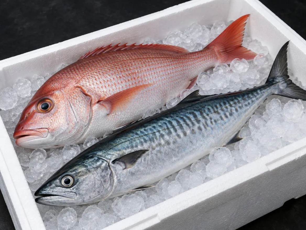 Whole red snapper and kingfish on ice in a fish crate