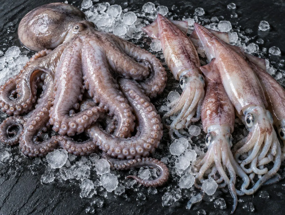 Whole octopus and squid on crushed ice