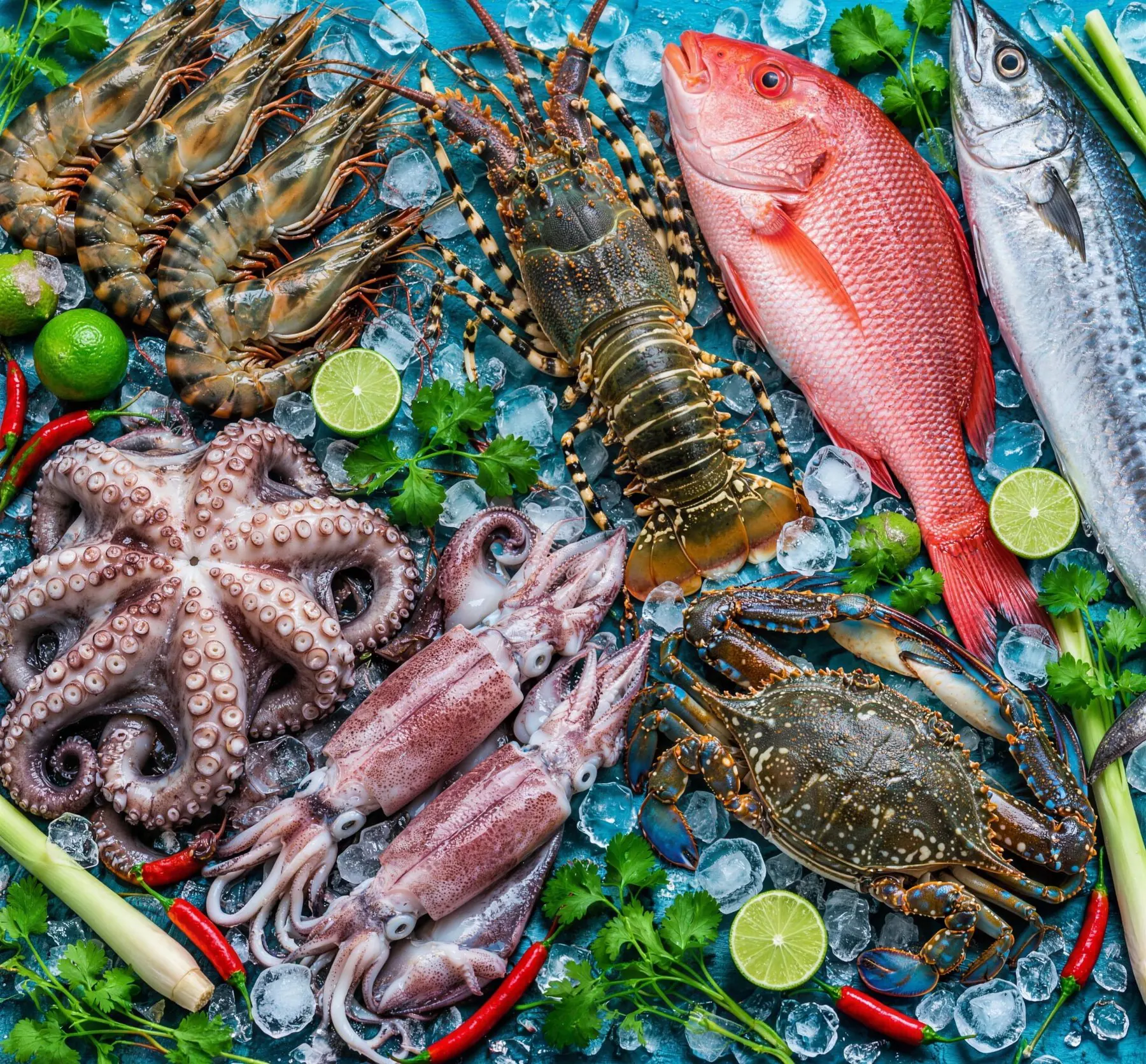 Whole tiger prawns, spiny lobster, red snapper, kingfish, octopus, squid and crab on crushed ice with limes and chillies