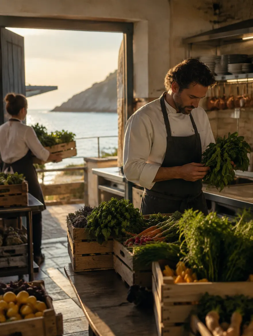 Chef preparing fresh herbs in a hotel kitchen