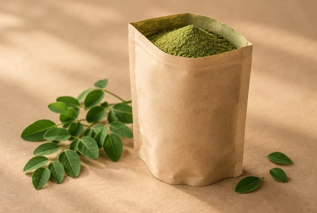 Kraft pouch of green moringa powder with fresh moringa leaves