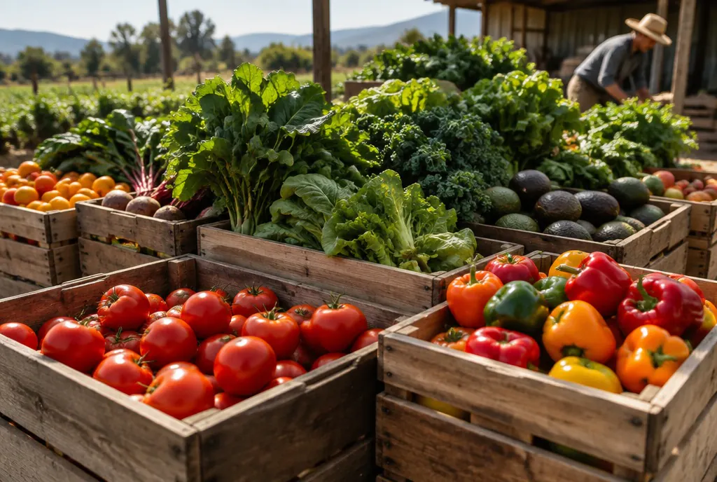 Crates of fresh Tanzanian tomatoes, peppers and greens at the farm