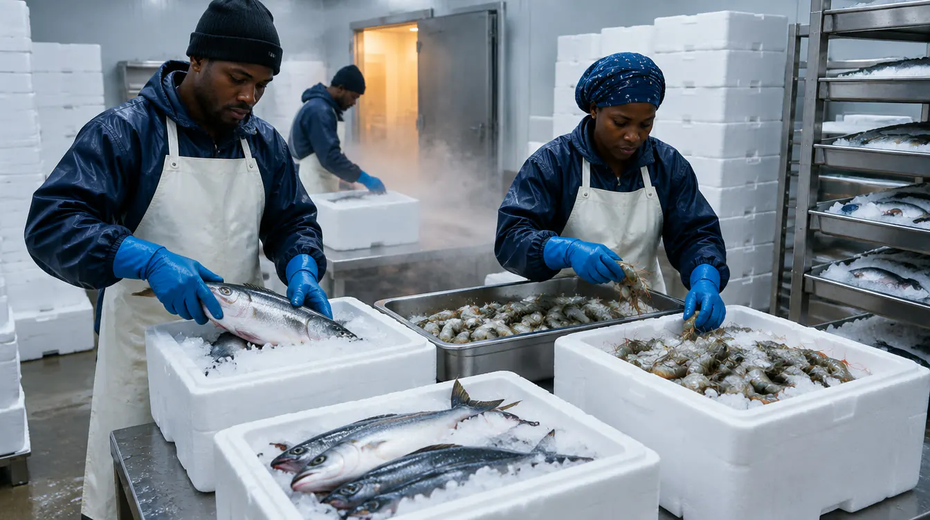 Fish and prawns packed into insulated boxes with ice