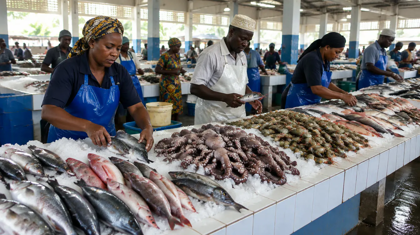 Fishmongers grading fresh fish, octopus and prawns on ice in a market hall