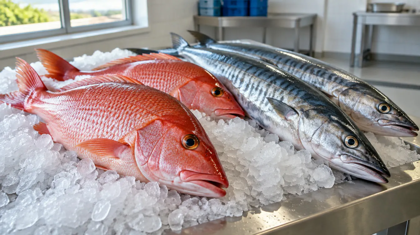 Whole snapper and kingfish on crushed ice