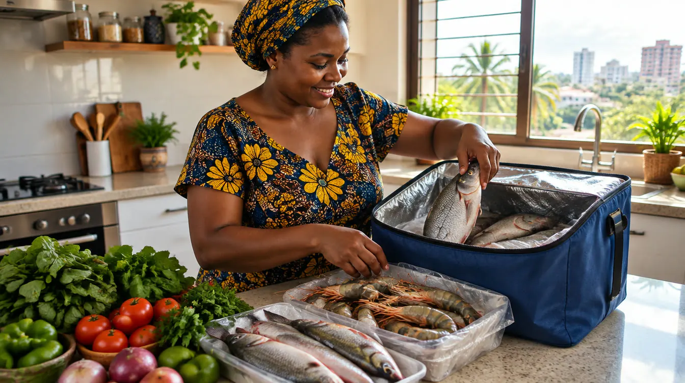 Fresh fish and prawns unpacked from an insulated delivery bag in a Dar es Salaam home kitchen