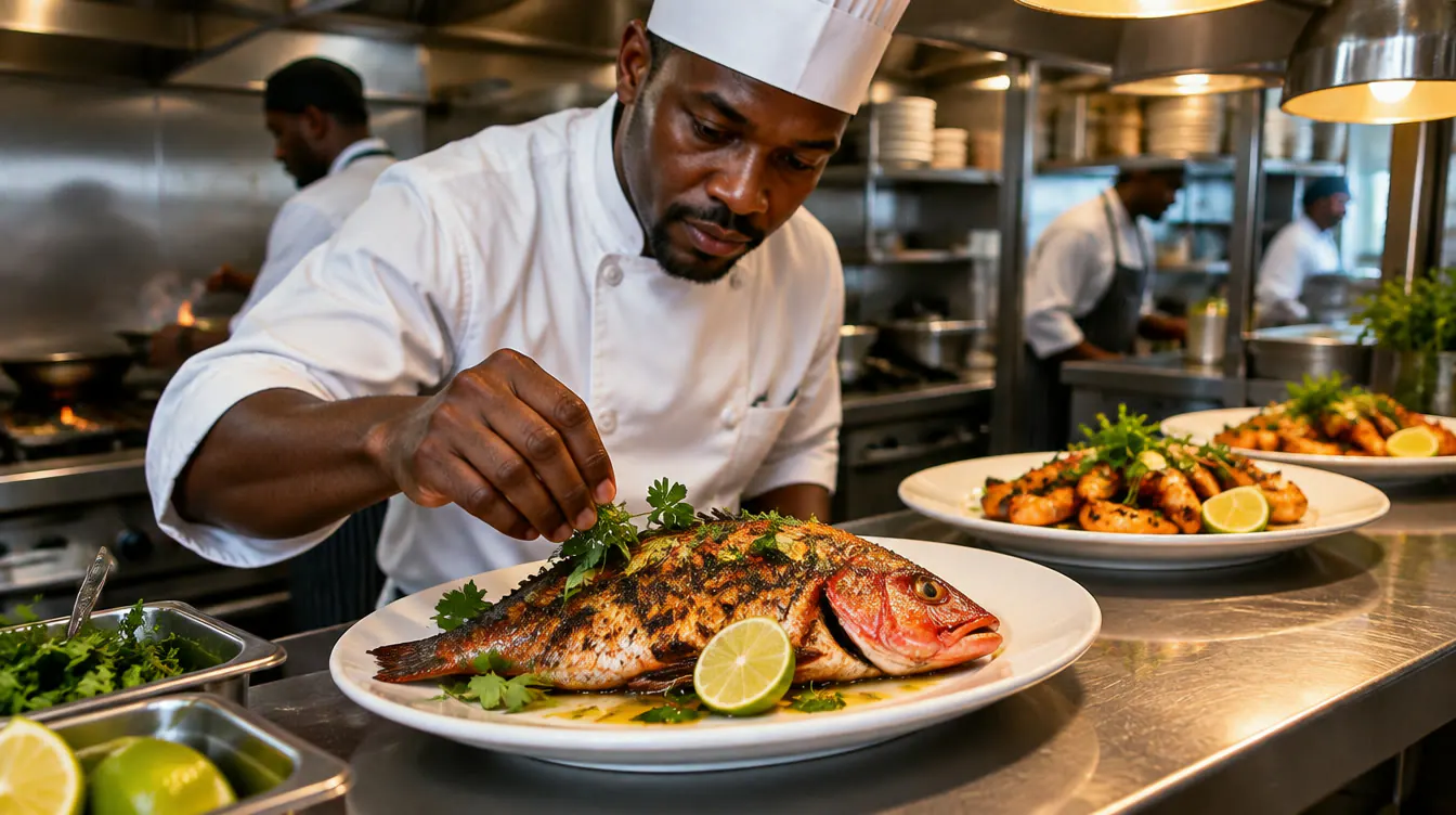 Chef plating grilled red snapper in a Zanzibar restaurant kitchen