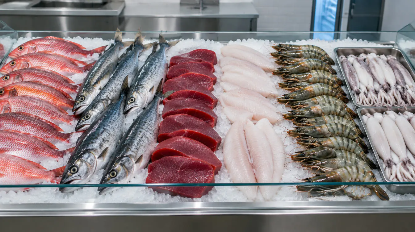 Chilled supermarket seafood counter with fish, fillets, prawns and squid on ice