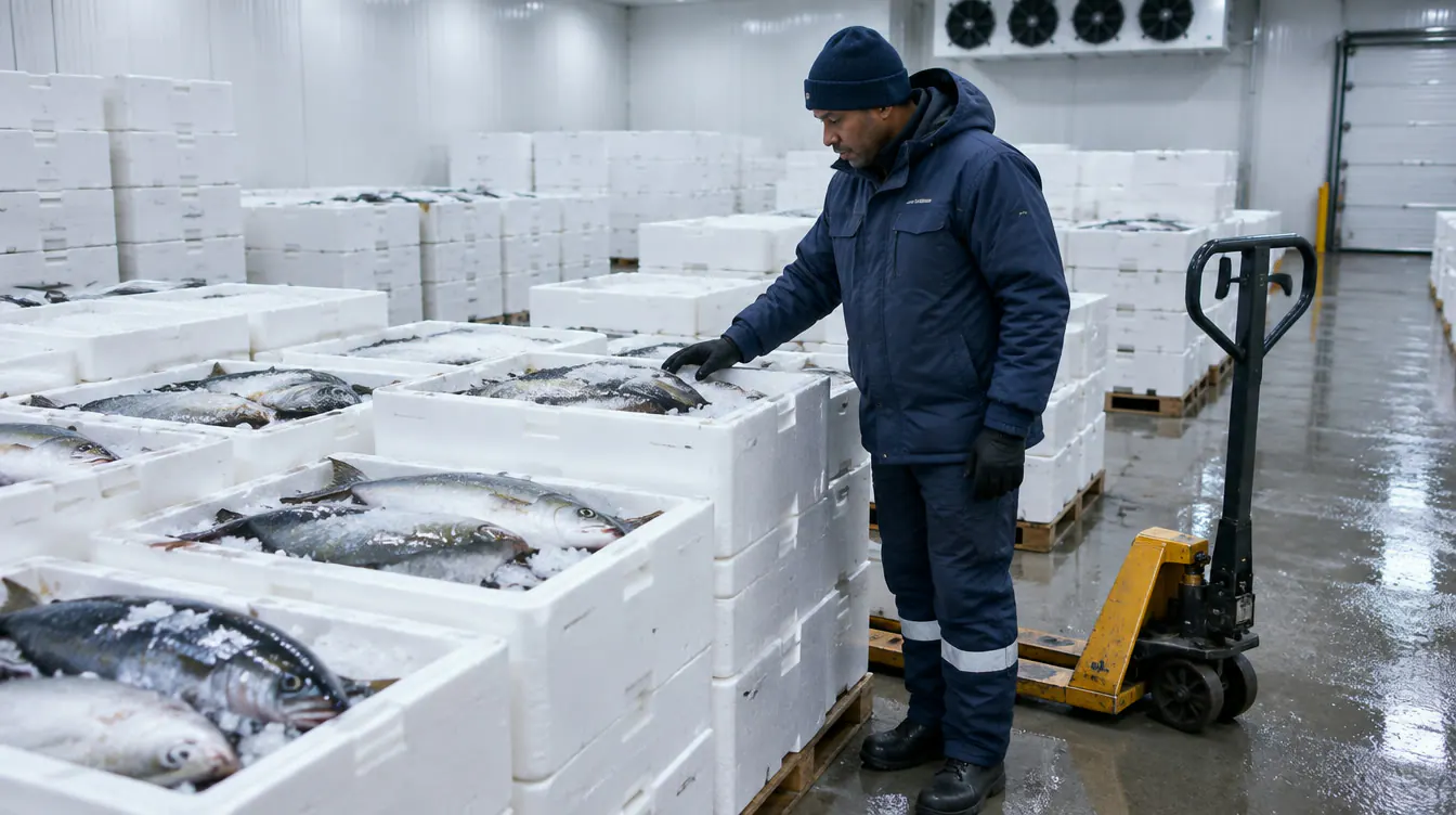 Stacked insulated boxes of whole fish on ice in a cold store