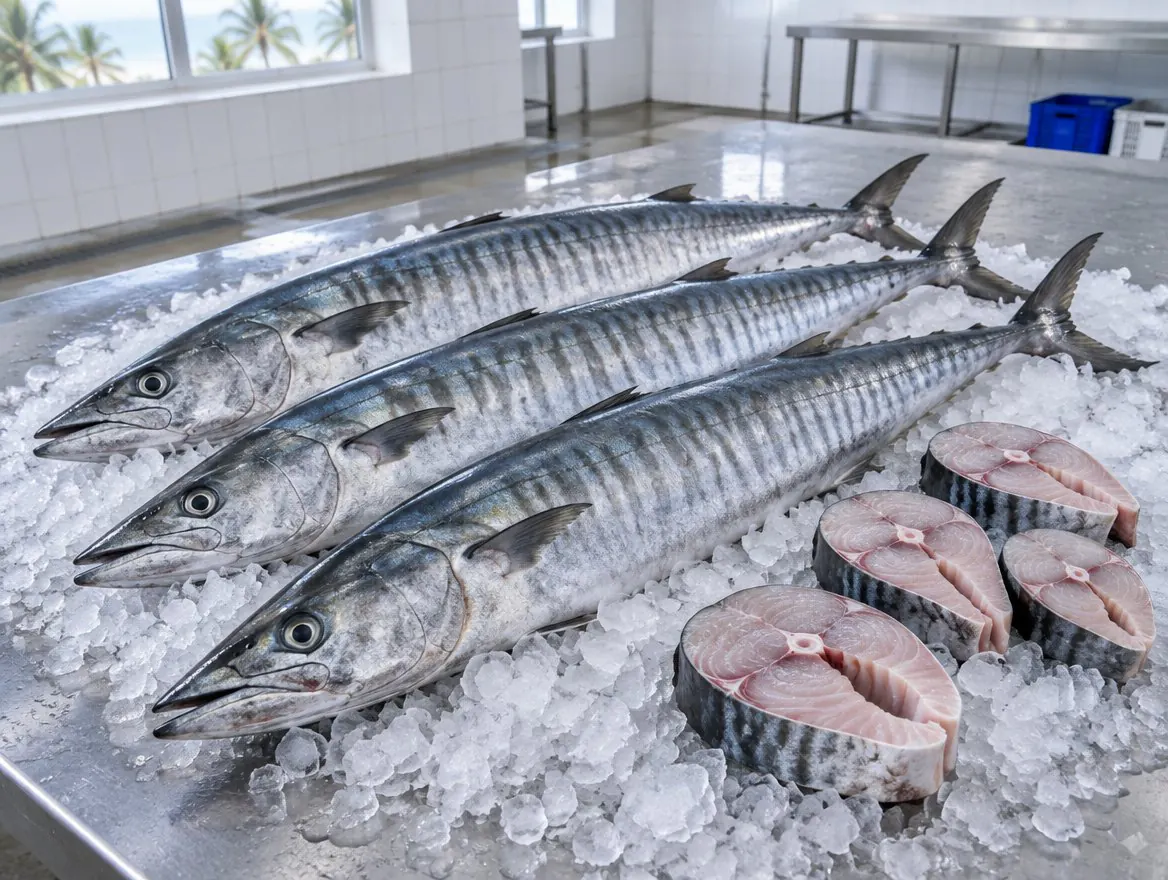 Whole fresh kingfish (nguru) and kingfish steaks on crushed ice