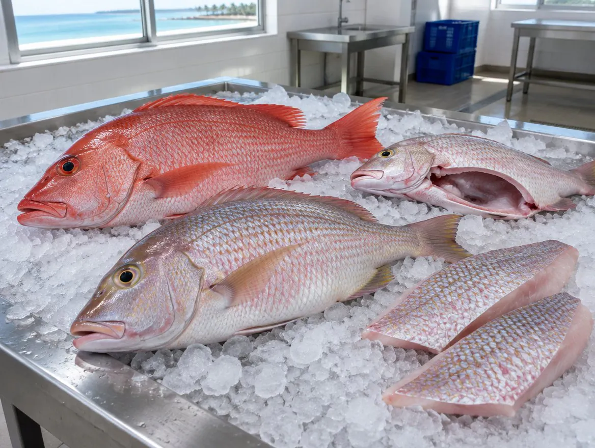 Whole fresh red snapper and emperor (changu) on crushed ice