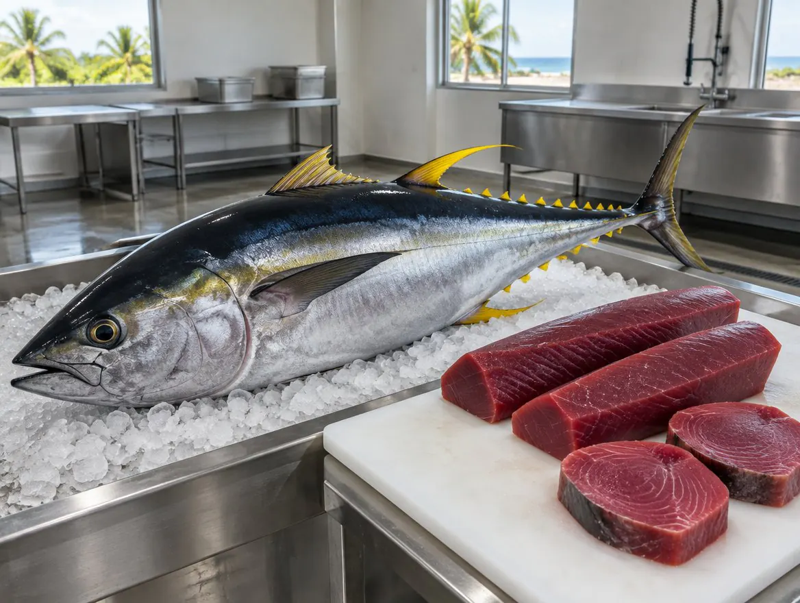 Whole yellowfin tuna (jodari) on ice with tuna loins and steaks
